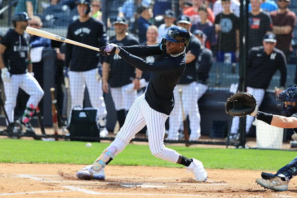 Feb 12, 2026; Tampa, FL, USA; New York Yankees second baseman Jazz Chisholm Jr. (13) at bat during live batting practice during spring training workouts at George M. Steinbrenner Field. Mandatory Credit: Kim Klement Neitzel-Imagn Images