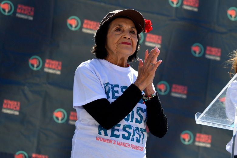 Huerta speaks during the International Women's Day march and rally hosted by the Women's March Foundation on March 8, 2025, in Los Angeles.
