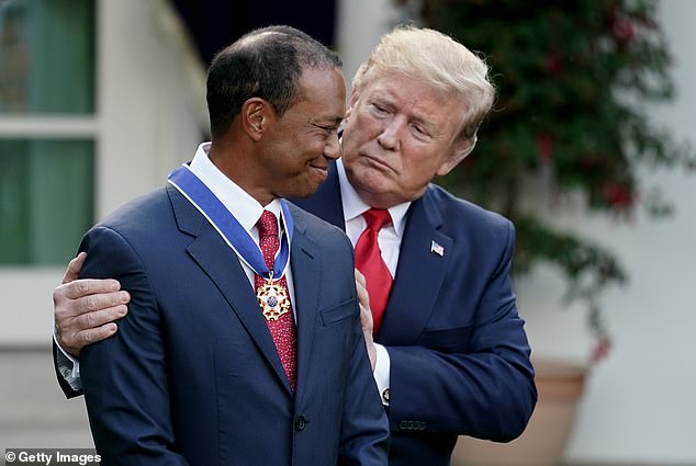Trump gives Woods the Medal of Freedom during a ceremony in the Rose Garden in 2019