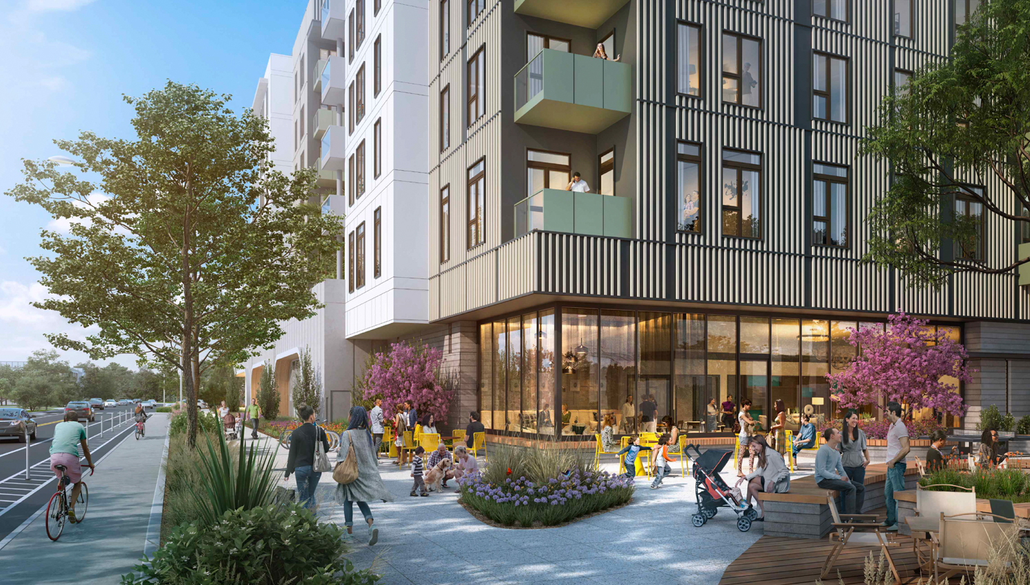 1215 Bordeaux Drive pedestrian view of the proposed ground-floor neighborhood park, rendering by KTGY