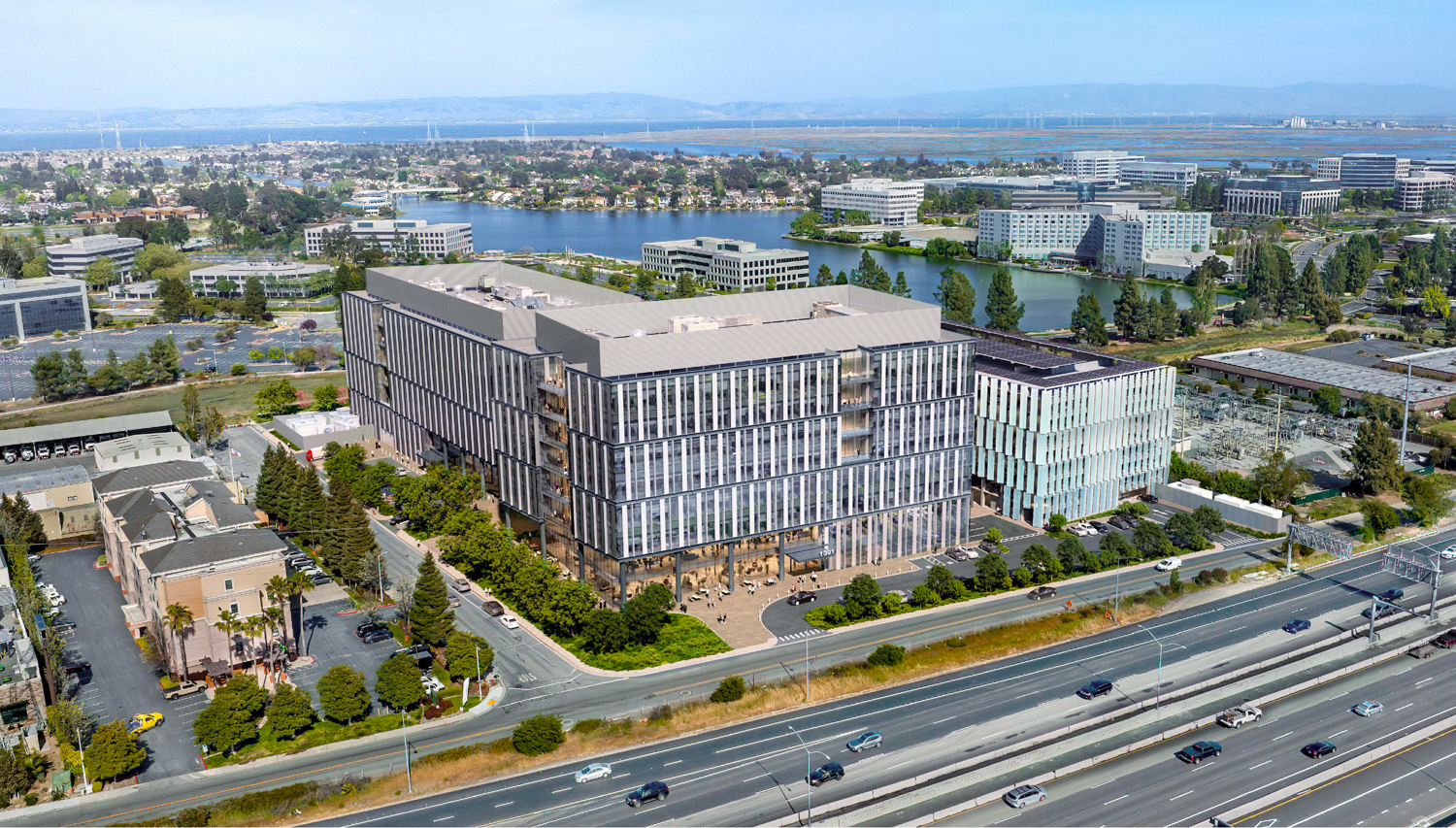 1301 Shoreway Road aerial overview, rendering by DGA