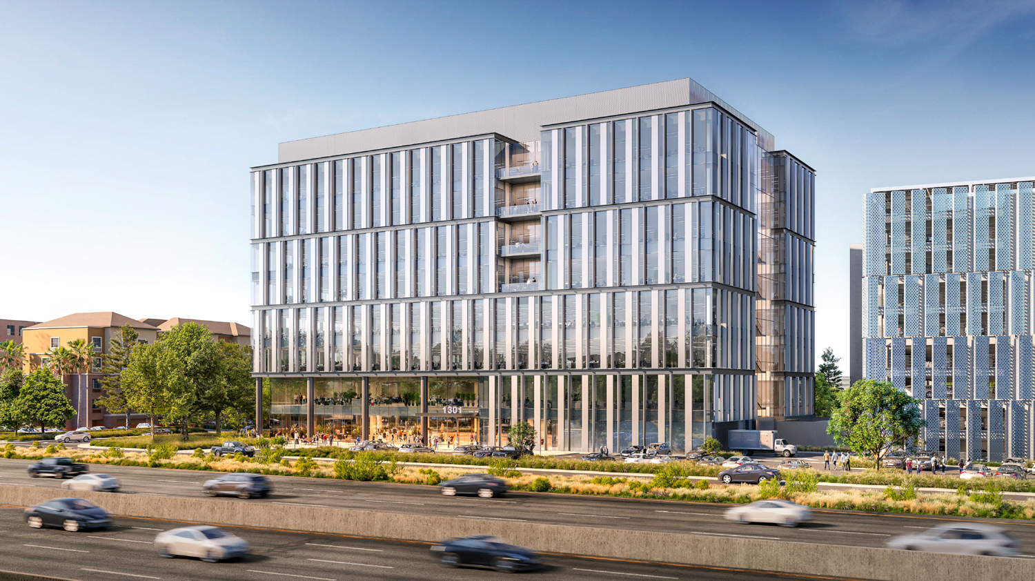 1301 Shoreway Road view from Highway 101, rendering by DGA