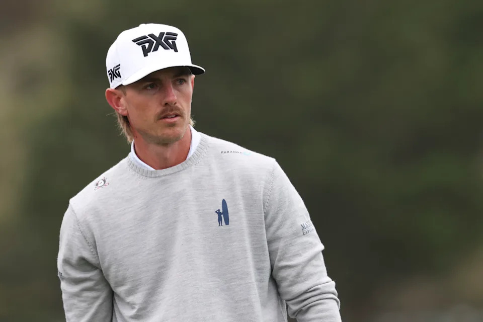 Jake Knapp on the third hole during the third round of the AT&T Pebble Beach Pro-Am golf tournament.© Kiyoshi Mio-Imagn Images