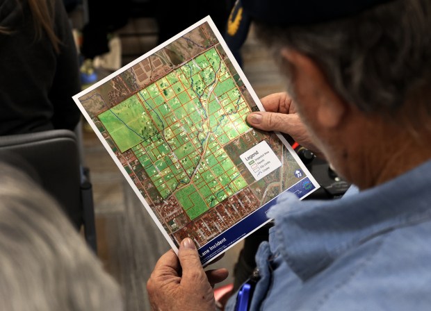 A map, supplied to those attending a town hall meeting in Clearlake, Wednesday, Jan. 21, 2026, highlights the affected area of a sewage spill in last week. (Kent Porter / The Press Democrat)