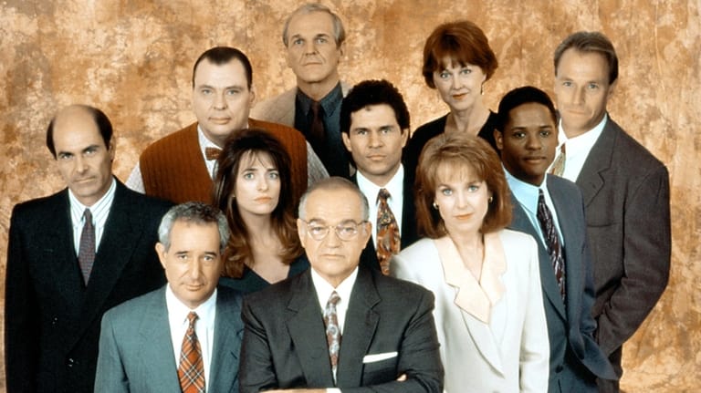 These serious-looking counselors mean business: The cast of "L.A.Law": (back...