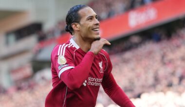 Liverpool's Virgil van Dijk celebrates after scoring (AP Photo/Jon Super)