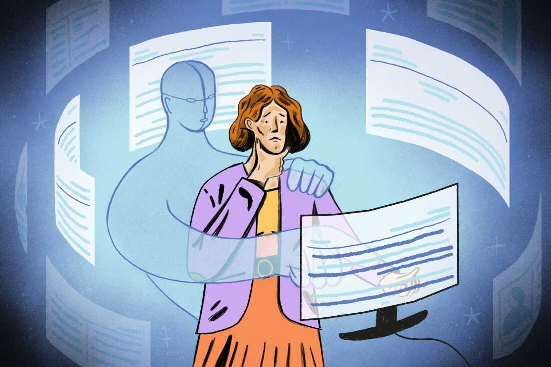 This illustration shows a woman with computer screens orbiting around her. A ghostly figure stands behind her, pointing to something on the screen in front of her.
