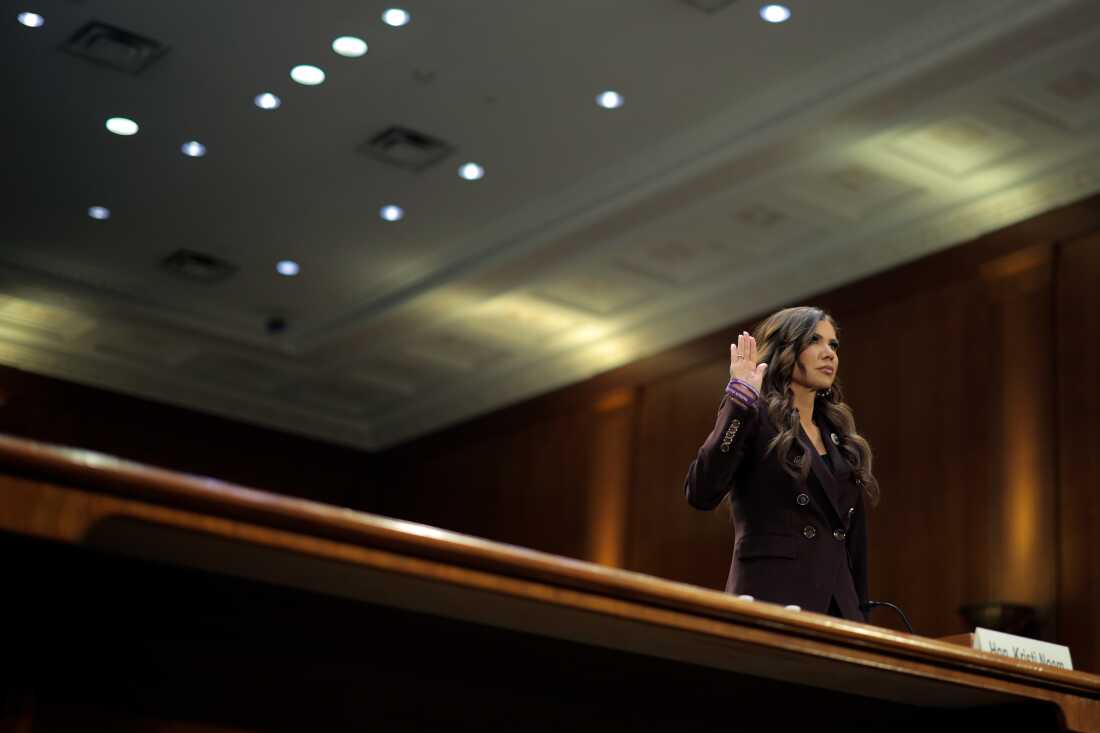 Secretary of Homeland Security Kristi Noem is sworn in as she testifies before the Senate Judiciary Committee on March 3. The Department of Homeland Security has faced criticism over it's handling of immigration enforcement leaving the department unfunded.