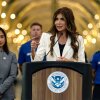 U.S. Secretary of Homeland Security Kristi Noem speaks at Ronald Reagan Washington National Airport on July 8 in Arlington, Va. Multiple airports are refusing to play a video where Noem blames Democrats for the government shutdown.