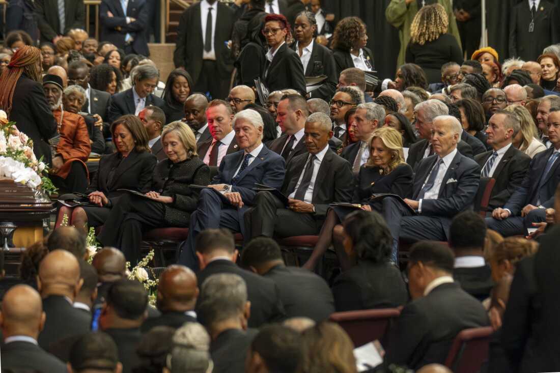 Former Vice President Kamala Harris, former Secretary of State Hillary Clinton, former Presidents Bill Clinton and Barack Obama, former first lady Jill Biden and former President Joe Biden attend a public homegoing service for the Rev. Jesse Jackson at the House of Hope on Friday in Chicago.