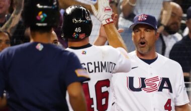 USA manager Mark DeRosa high-fives first baseman Paul Goldschmidt (46) during the World Baseball Classic against Great Britain at Chase Field in Phoenix on March 11, 2023. Baseball World Baseball Classic Opening Day