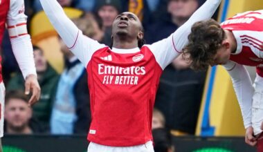 Eberechi Eze celebrates after firing Arsenal into a 2-1 lead at Mansfield