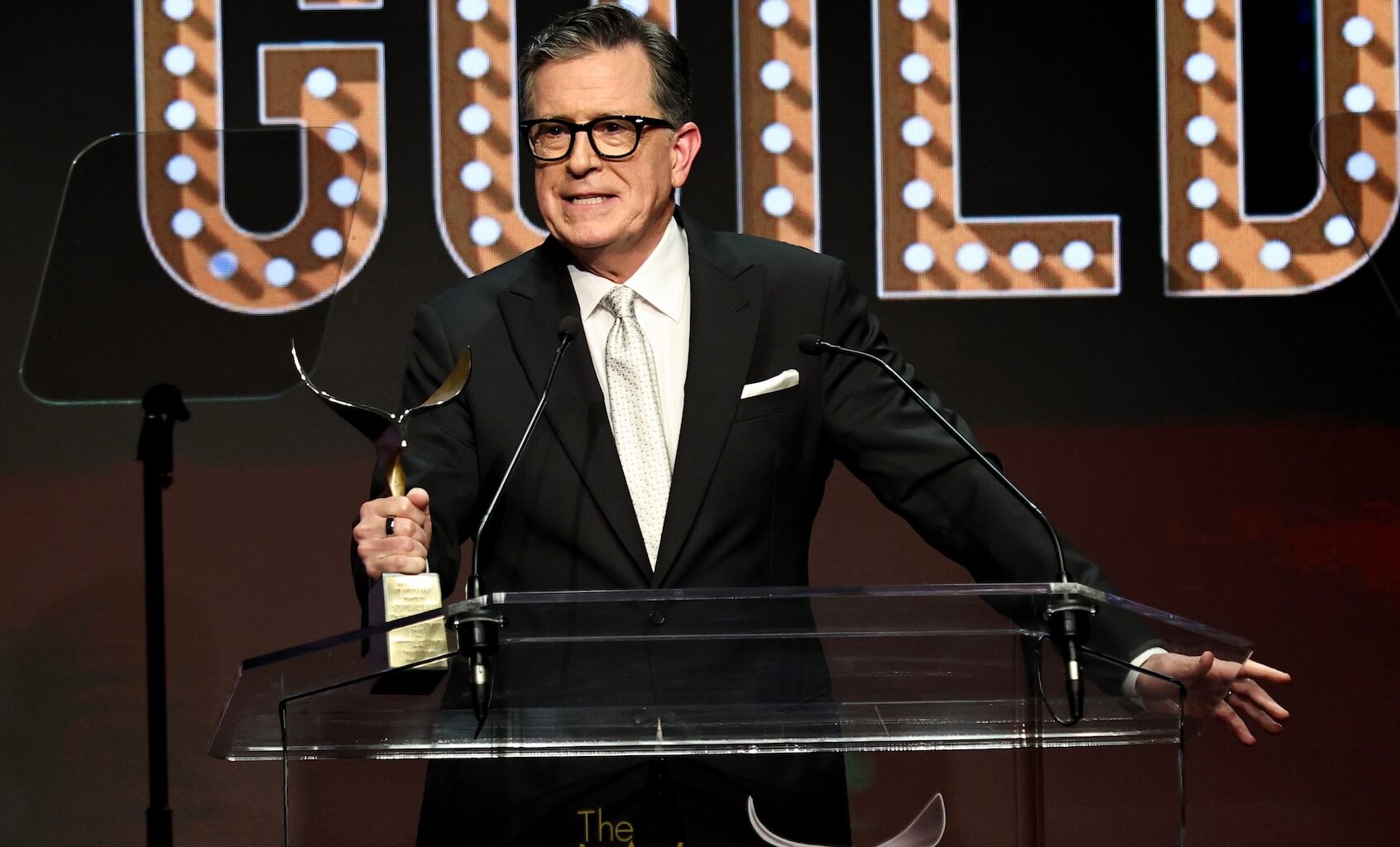 Stephen Colbert speaks during the 2026 Writers Guild Awards New York Ceremony at Edison Ballroom on March 08, 2026 in New York City. (Photo by Jamie McCarthy/Getty Images for Writers Guild of America East)