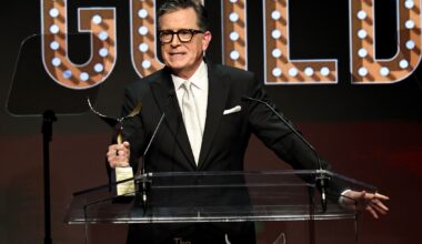Stephen Colbert speaks during the 2026 Writers Guild Awards New York Ceremony at Edison Ballroom on March 08, 2026 in New York City. (Photo by Jamie McCarthy/Getty Images for Writers Guild of America East)