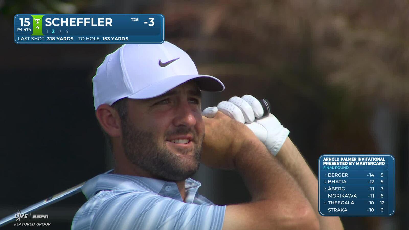 Scottie Scheffler hits 153-yard approach to 3 feet, sets up birdie on No. 15 at Arnold Palmer