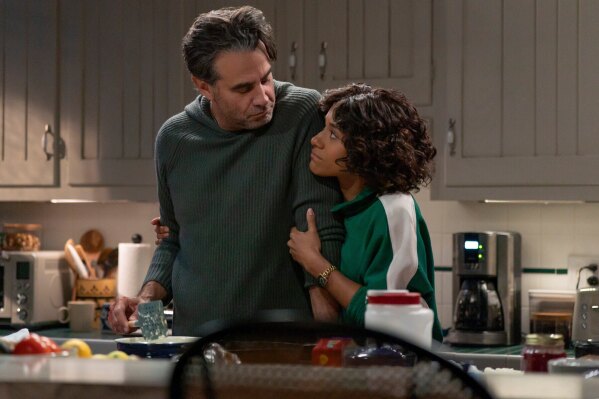 This image released by Prime shows Bobby Cannavale, left, and Ariana DeBose in a scene from "Scarpetta." (Connie Chornuk/Prime via AP)