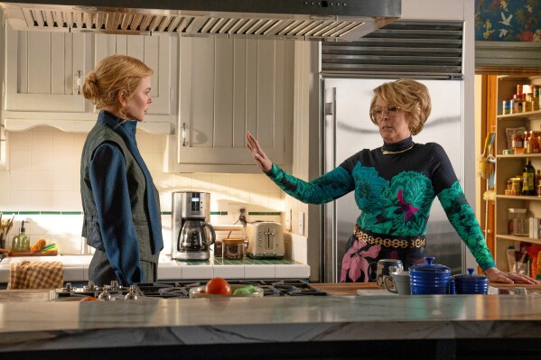 This image released by Prime shows Nicole Kidman, left, and Jamie Lee Curtis in a scene from "Scarpetta." (Connie Chornuk/Prime via AP)