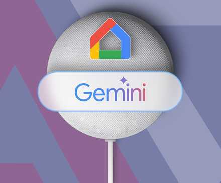 Illustration of a Google Home smart speaker with the Gemini and Google Home logo on its front