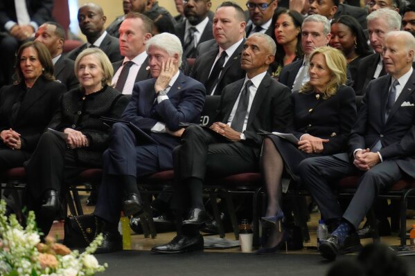 From left, former Vice President Kamala Harris, former Secretary of State Hillary Clinton, former President Bill Clinton, former President Barack Obama, former first lady Jill Biden, and former President Joe Biden attend the Public Homegoing Service for Rev. Jesse Jackson at the House of Hope in Chicago, Friday, March 6, 2026. (AP Photo/Erin Hooley)
