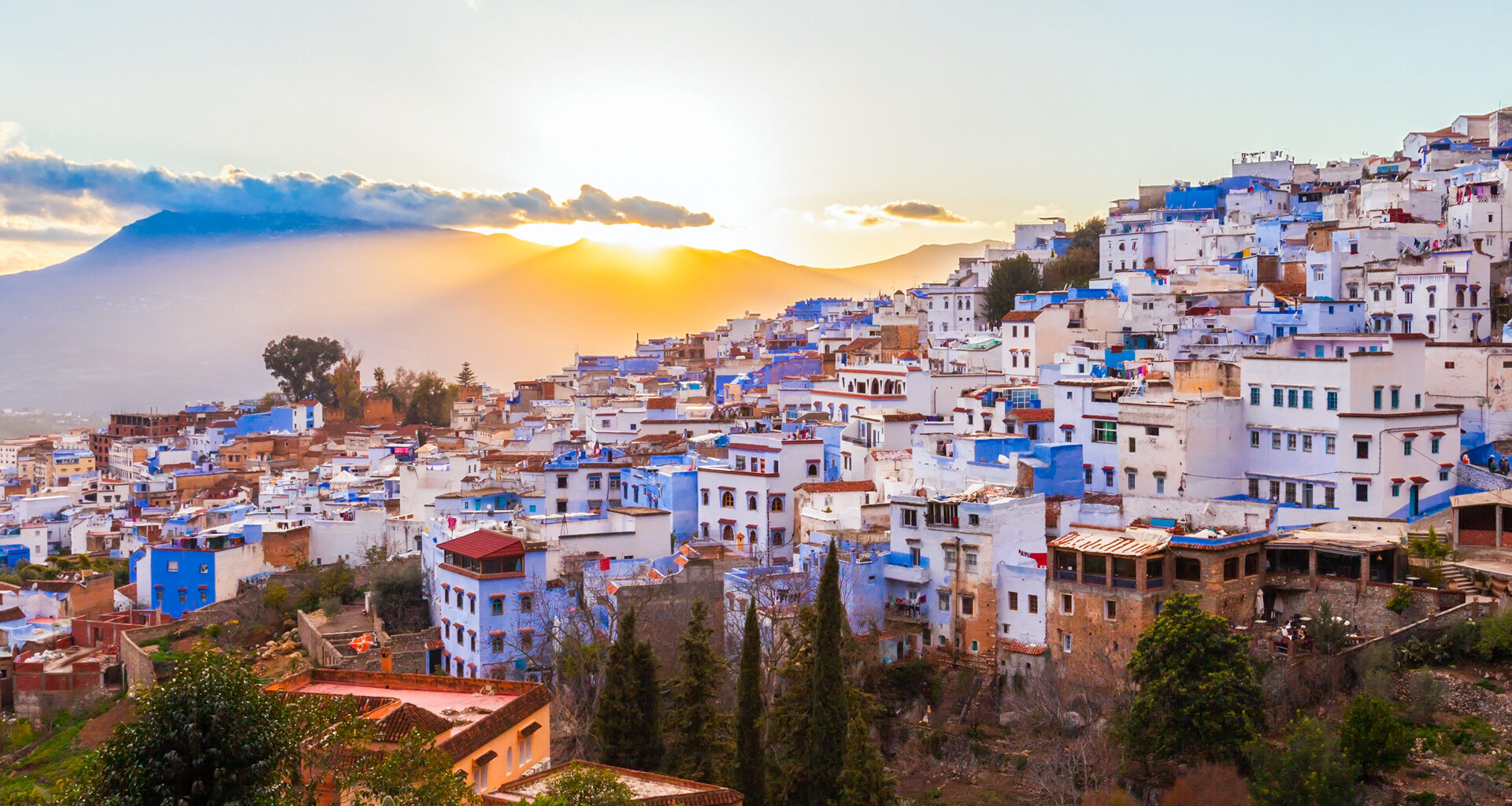 Chefchaouen aerial panoramic view at night.