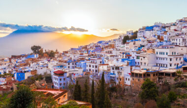 Chefchaouen aerial panoramic view at night.