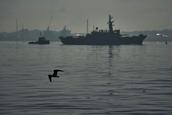 Mexican ship ARM Huasteco, carrying aid according to the Mexican government, arrives to Havana Bay, Cuba, Friday, March 13, 2026. (AP Photo/Ramon Espinosa)