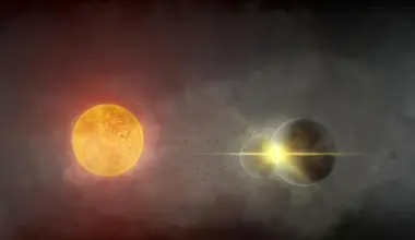 Illustration of two planets colliding. and releasing debris