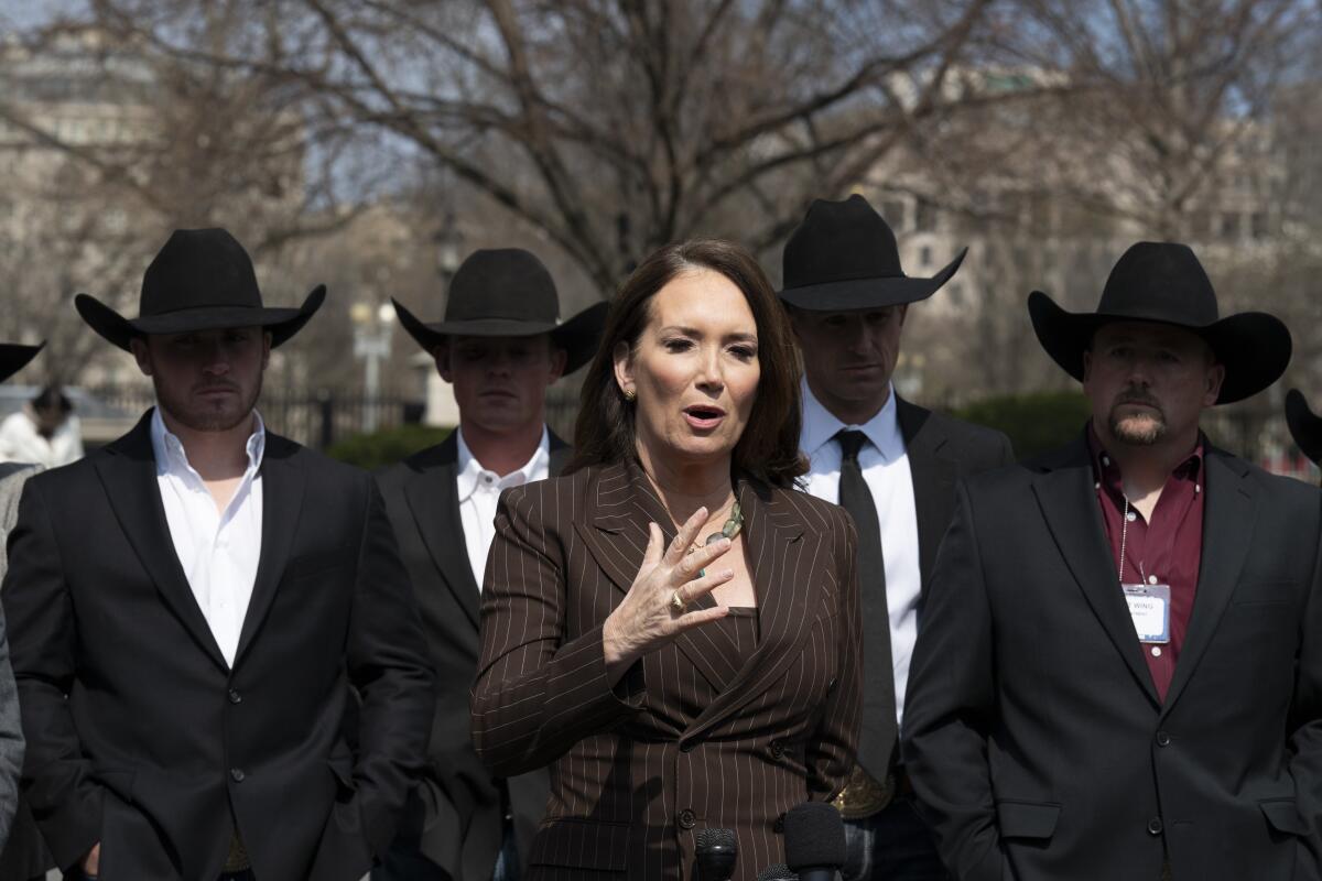 Secretary of Agriculture Brooke Rollins speaks with members of the press