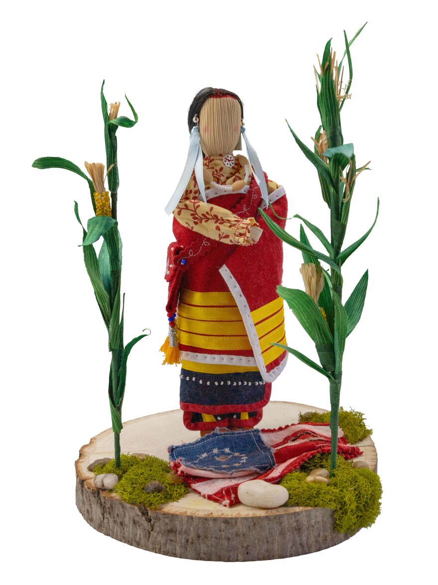 Corn husk doll created by Laura Walkingstick, enrolled member of the Eastern Band of Cherokee Indians for an upcoming exhibit at the Museum of the Cherokee People. Titled "Then and Now: Wrapped in Survival" the work will be on display at the museum beginning March 17th until Dec. 30th.