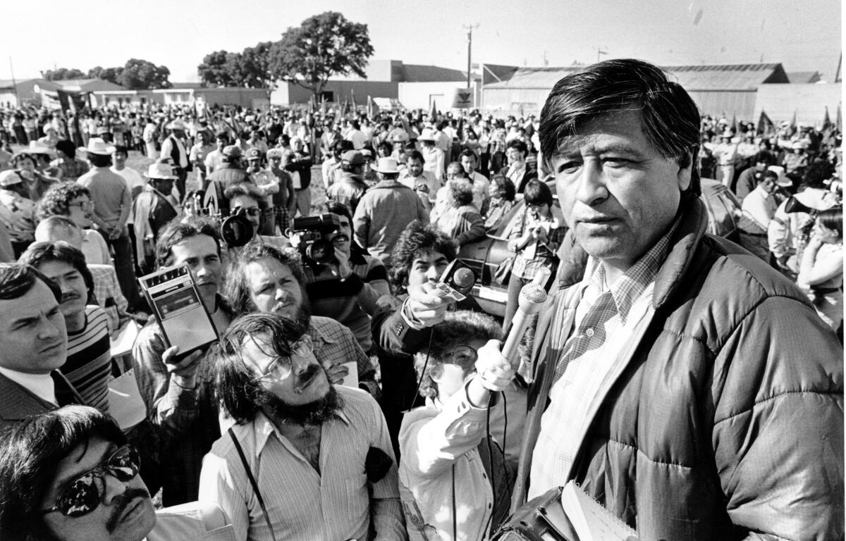 Cesar Chavez talks to striking Salinas Valley farmworkers