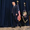 President Trump walks away from a lectern bearing the presidential seal after a press conference in Miami on Monday.