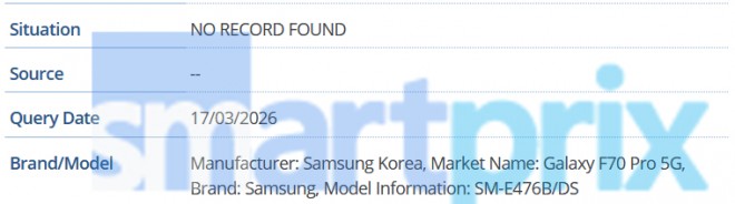 Galaxy F70 Pro 5G (SM-E476B/DS) GSMA listing