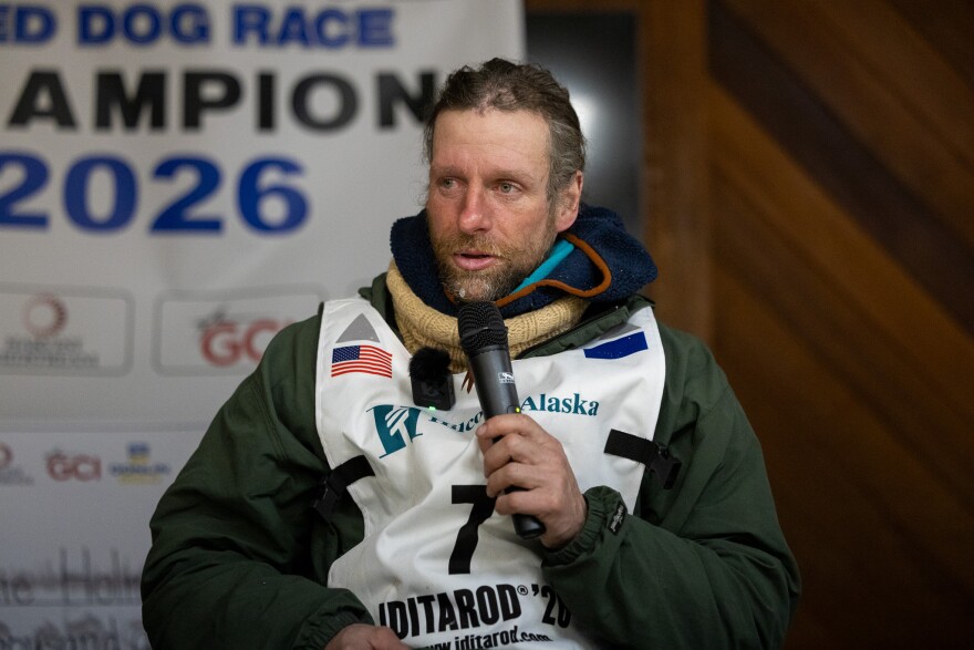 2026 Iditarod Trail Sled Dog Race champion Jessie Holmes takes questions at a press conference in Nome after winning the race.
