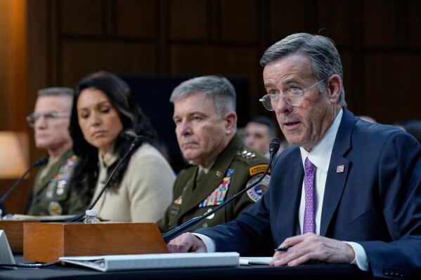 CIA Director John Ratcliffe testifies during the Senate Committee on Intelligence hearings on Capitol Hill Wednesday, March 18, 2026, in Washington. (AP Photo/Jose Luis Magana)