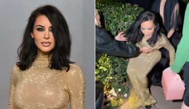 Kim Kardashian stumbles in gold Gucci gown at Hollywood Oscars party