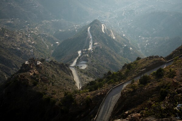 An aerial view shows the Haigat al-Abd mountain pass, the sole humanitarian artery connecting the city of Taiz to the interim capital, Aden, and the outside world, Friday, March 13, 2026. (AP Photo/Abdulnasser Alseddik)