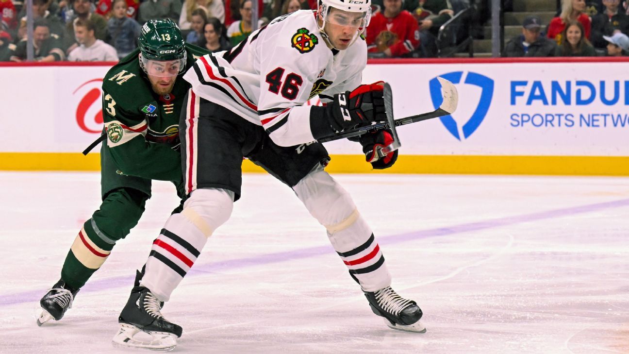Blackhawks' Louis Crevier, Andrew Mangiapane sit out loss to Avs