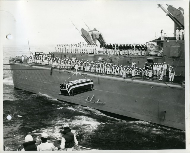 Remains of the WWII Unknown Soldier are Transferred from USS Blandy to USS Boston, near Cape Henry, Virginia