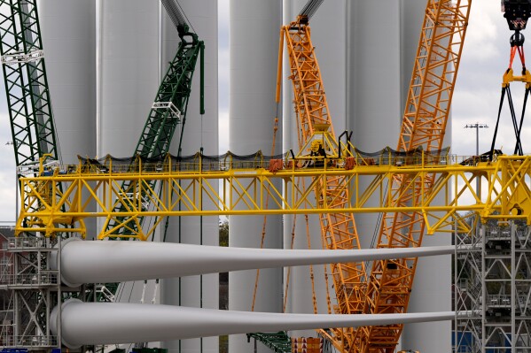 Wind turbine components sit at New London State Pier, April 16, 2025, in New London, Conn. (AP Photo/Julia Demaree Nikhinson, File)