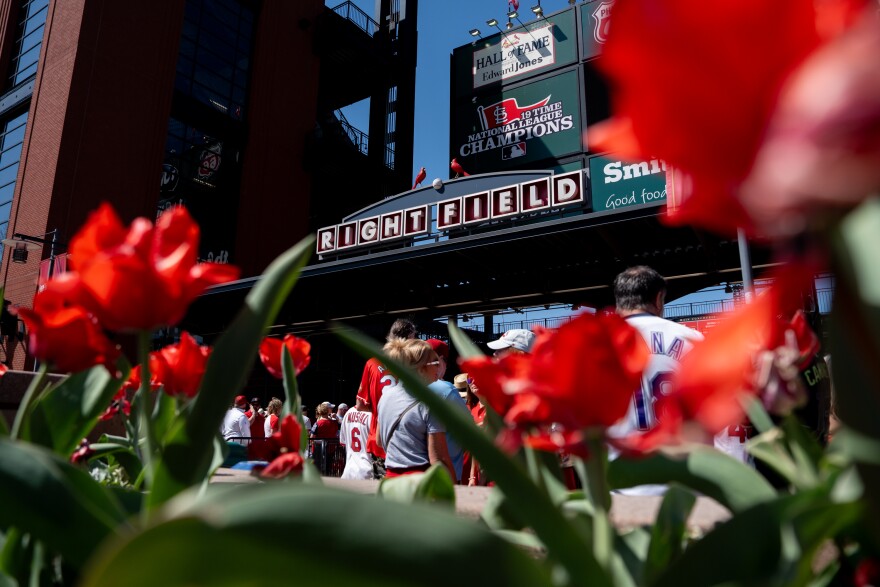 Fans crowd into Busch Stadium’s right field entrance before the St. Louis Cardinals take on the Tampa Bay Rays during MLB Opening Day on Thursday, March 26, 2026, in downtown St. Louis.
