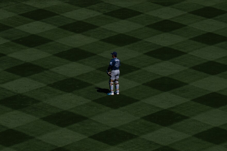 Tampa Bay Rays catcher Nick Fortes (#40) watches as the team takes on the St. Louis CardinaLS during MLB Opening Day at Busch Stadium on Thursday, March 26, 2026, in downtown St. Louis.