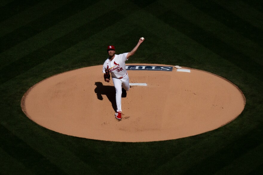 St. Louis Cardinals pitcher Matthew Liberatore (#32) launches the ball as the team takes on the Tampa Bay Rays during MLB Opening Day at Busch Stadium on Thursday, March 26, 2026, in downtown St. Louis.