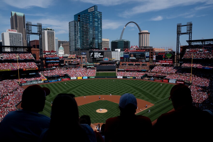 Thousands of Fans watch as the St. Louis Cardinals take on the Tampa Bay Rays during MLB Opening Day at Busch Stadium on Thursday, March 26, 2026, in downtown St. Louis.