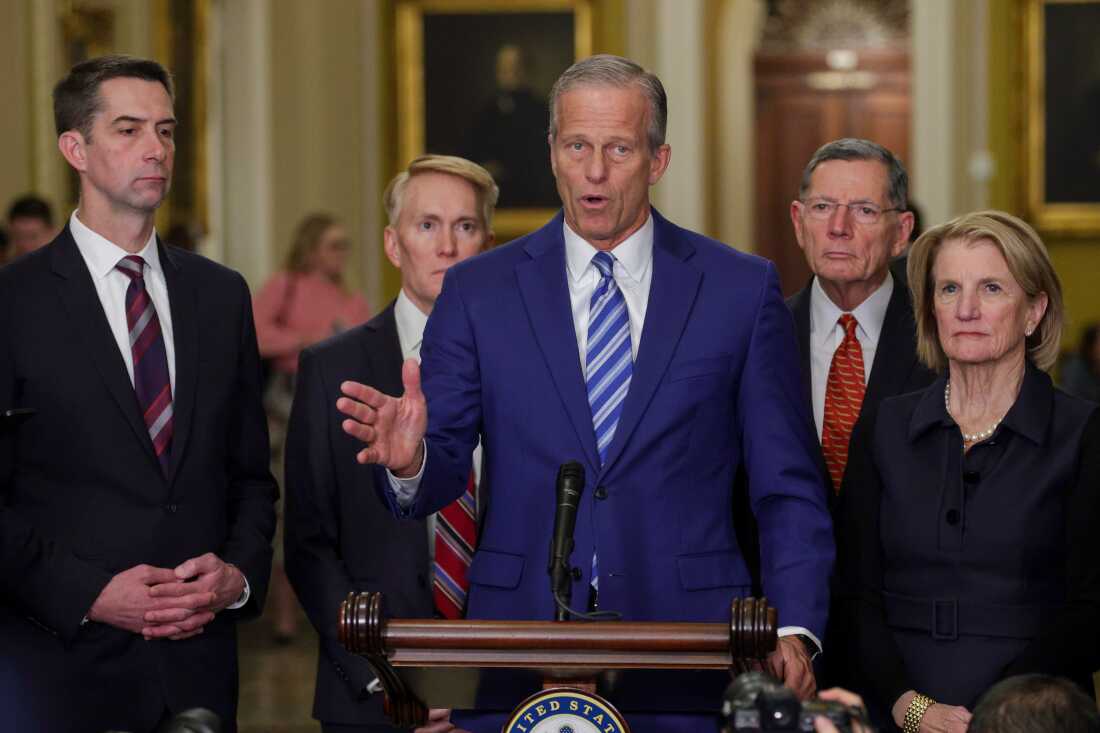 Senate Majority Leader John Thune, R-S.D. spoke to reporters on Tuesday during a news briefing following a weekly Senate Republican policy luncheon at the Capitol.