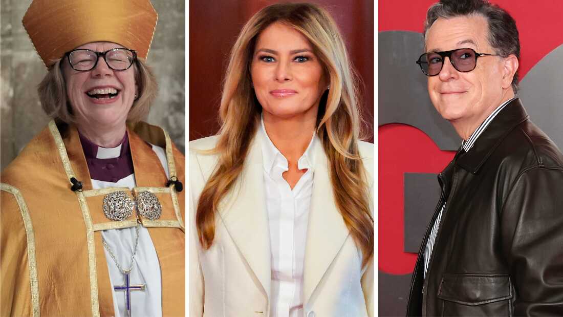 From left: the archbishop of Canterbury, the first lady, Stephen Colbert.