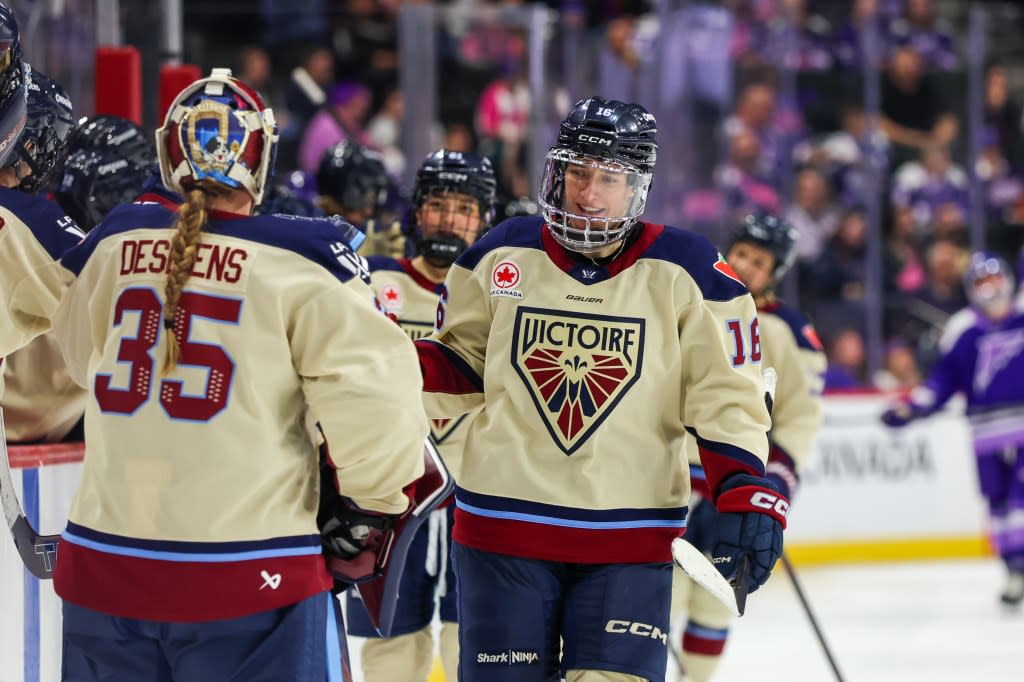 Hayley Scamurra of the Montréal Victoire celebrates a goal against the Minnesota Frost during the third period at Grand Casino Arena on March 25, 2026 in St Paul, Minnesota. Getty Images
