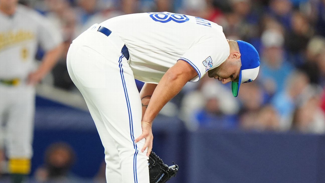 Blue Jays P Fluharty leaves game after being hit by 2 batted balls