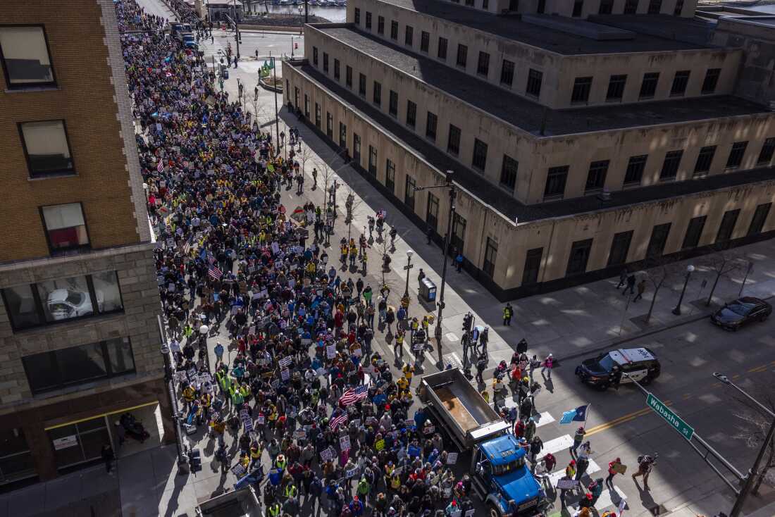 Thousands of community members marched in the flagship No Kings protest in St. Paul, MN on Mar 28, 2026