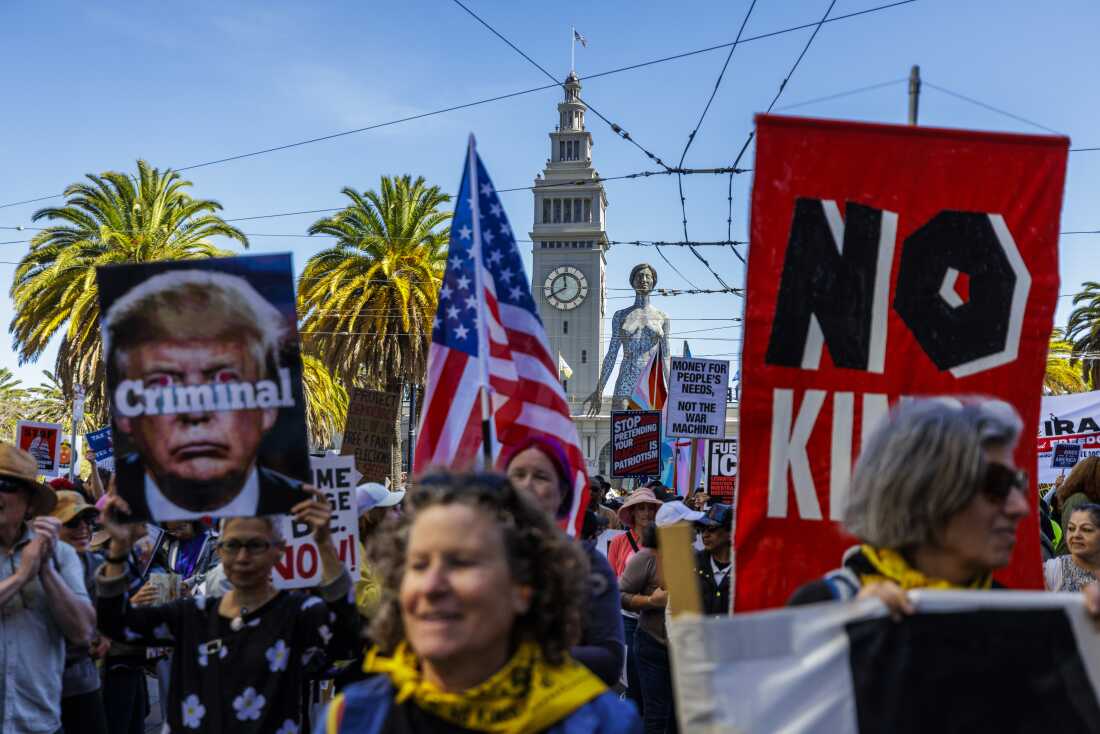 Crowds assemble at the Embarcadero in San Francisco prior to the start of the third No Kings Protest on March 28, 2026.