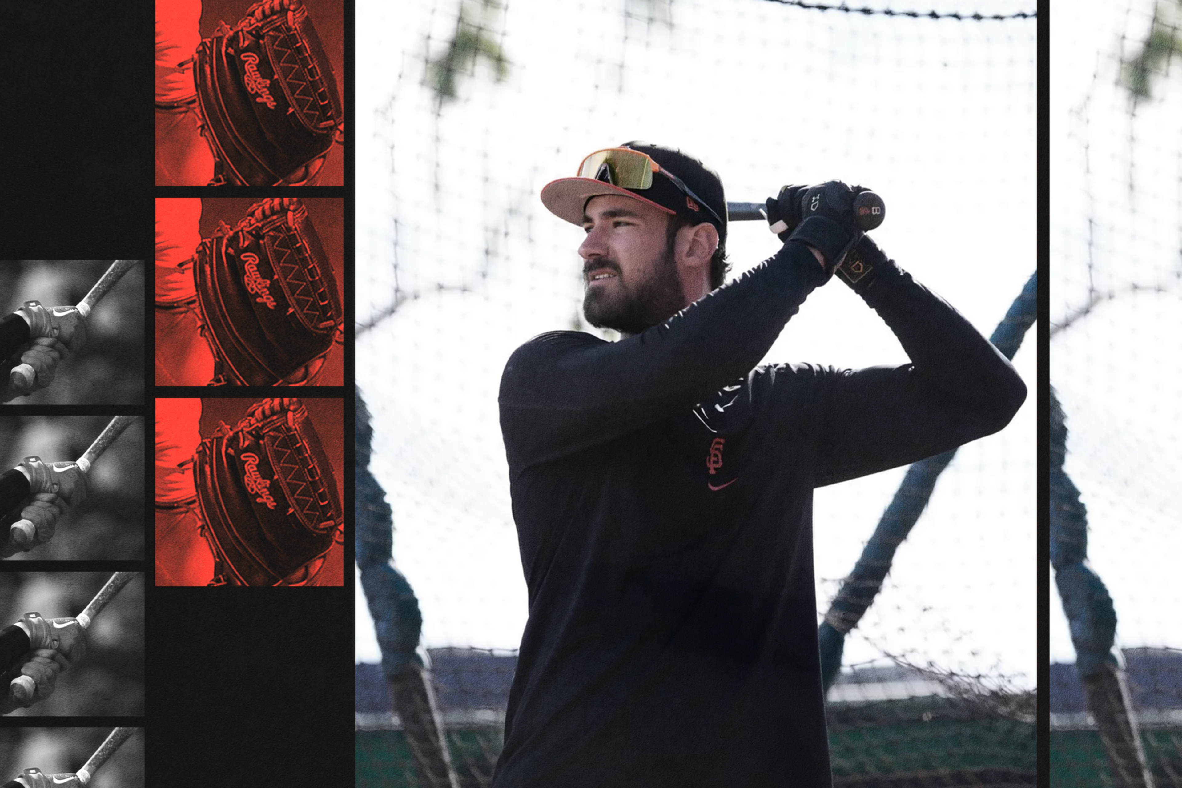 A man in a black long-sleeve shirt and cap swings a baseball bat inside a batting cage, with close-up shots of a baseball glove and bat grip on the left.